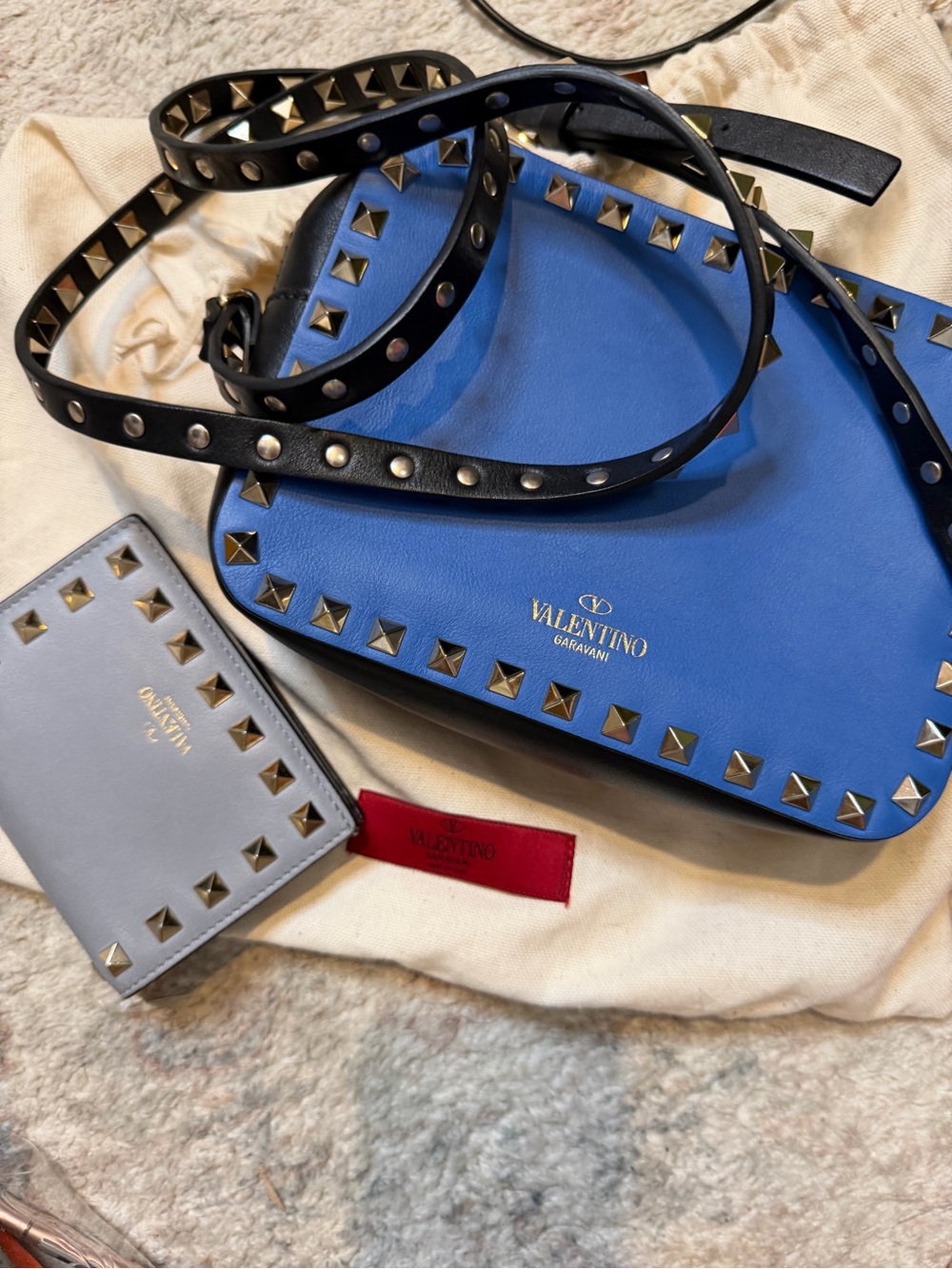 Valentino Garavani Blue Leather Rockstud Crossbody with Black Studded Strap